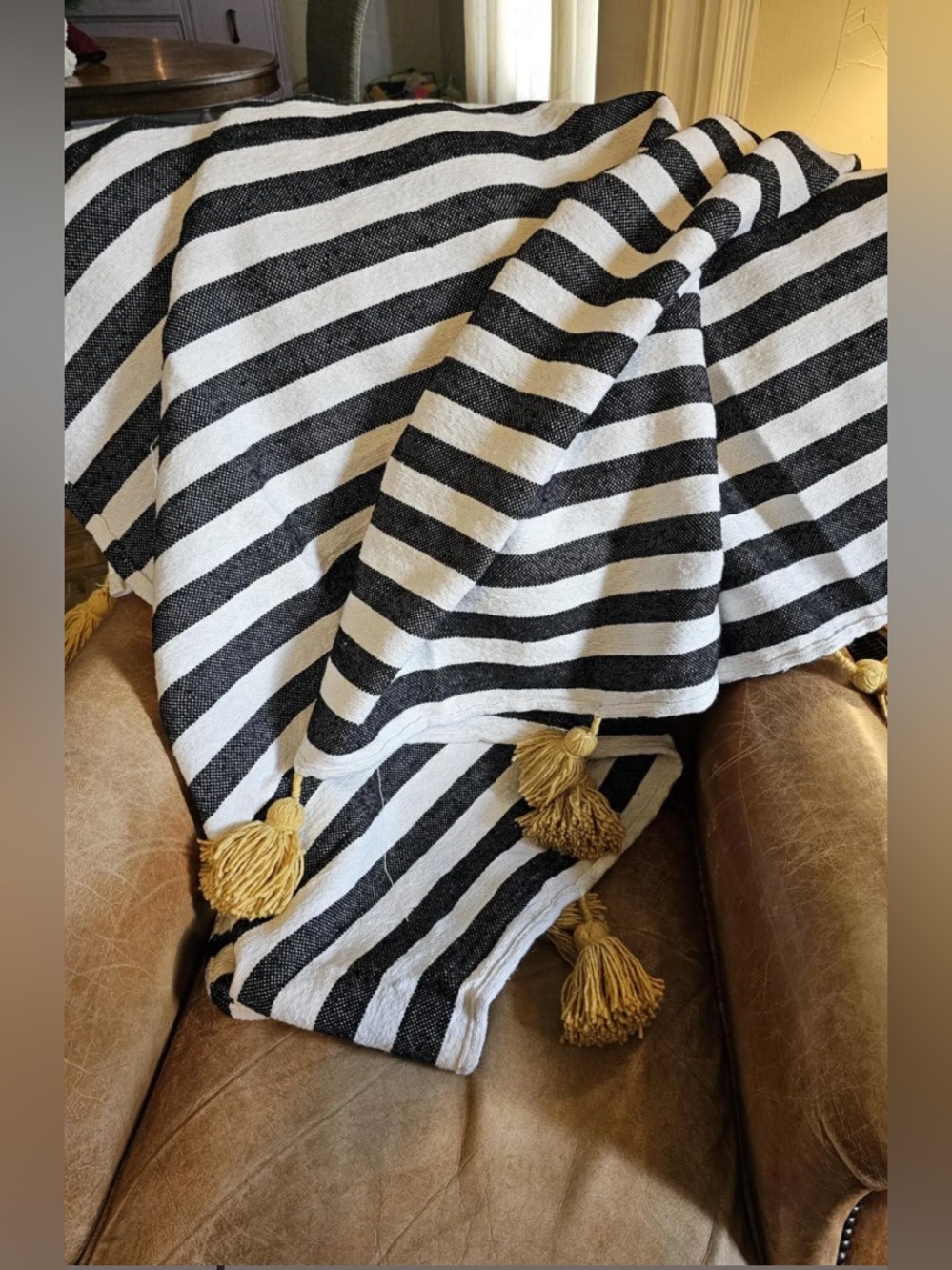 NWT Cotton black and white blanket with mustard yellow pompoms - Picture 10 of 11